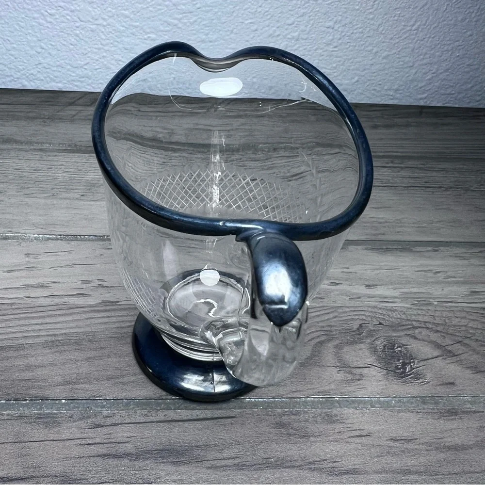 Vintage Delicate Etched Glass Creamer Floral & Lattice Pattern‎ Silver Overlay